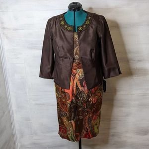 Le Bos Two Piece Multi-Color Dress and Jeweled Brown Jacket Size 14 NWT